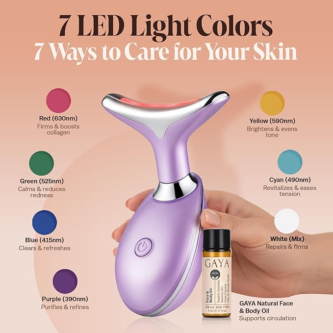 Red Light 7 in 1 LED Face and Neck Massager – Beauty Wand with Gentle Warmth & Vibration for a Relaxing Skincare Routine, Includes Face Oil & Type-C Charging