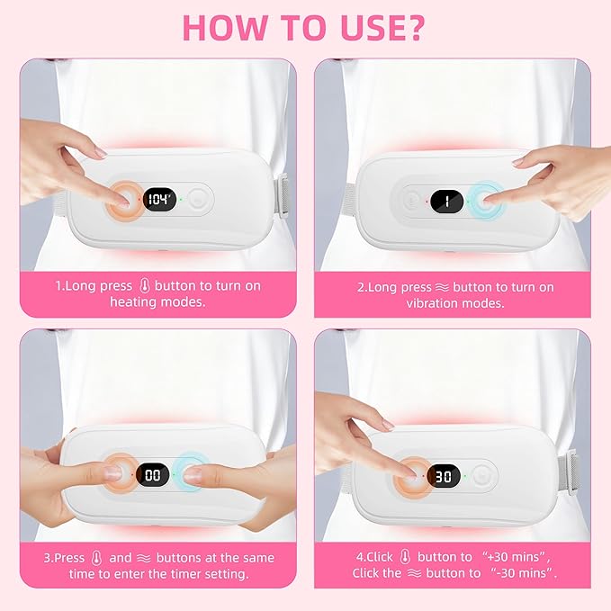 Portable Heating Pad Period Cramps: 2 Timer 6 Heat Levels 6 Vibration Modes Cordless Electric Heating Pad for Back Pain Relief Menstrual Heating Pad (White)