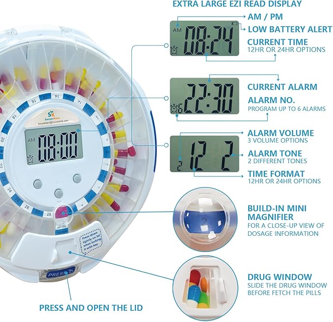 SenyerKare 28-Day Automatic Pill Dispenser with Alarm & Alzheimer’s Care, Medication Organizer w/Easy-Read LCD Display, Sound & Light & Key Alerts for Medication, Vitamins, Supplements, Clear Lid