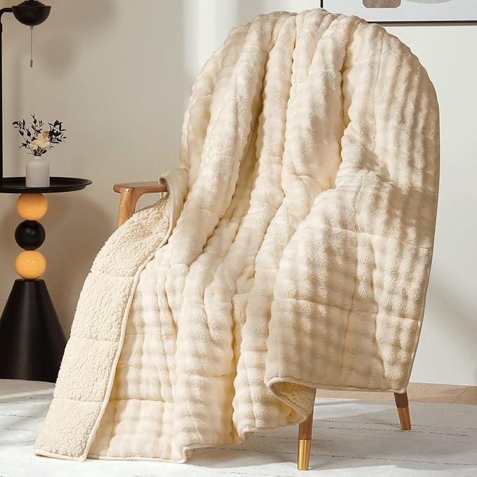 Cottonblue Weighted Blanket 20lbs Bubble Fleece Plush Sherpa Heavy Weighted Blankets for Adults, Fits Queen Size Bed, Cute Fuzzy Warm Heavy Blanket for Calm and Better Sleep, 60"x80", Beige
