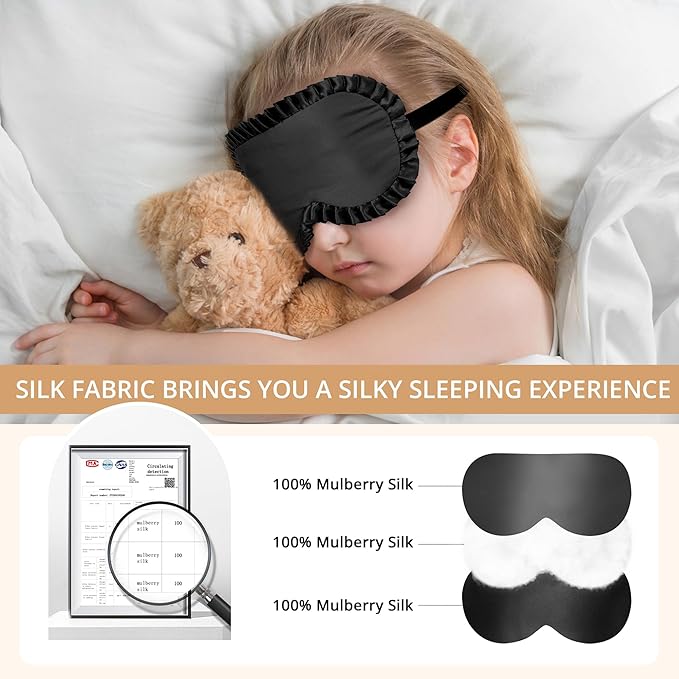Kids Sleep Mask, 100% Real Mulberry Silk Eye Mask, Sleeping Mask for Kids with Adjustable Elastic Band, Soft & Light Blocking Eye Cover Gift for Boys Girls Teens Age 5+ (Black)
