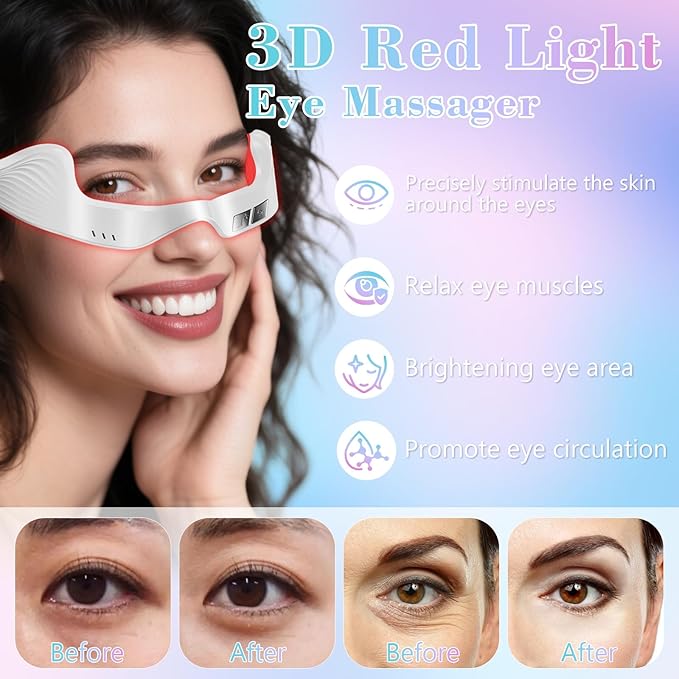 Under Eye Red Light Therapy Device, Red Light Therapy Glasses,Red 650 NM,Red Light Eye Mask for The Treatment of Eye Bags,Dark Circles,Puffiness periorbital for Treating Acne (White）