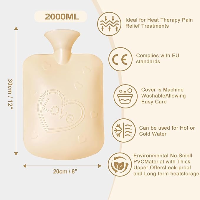 Hot Water Bottle wtih Cover, Hot Water Bag, 2L Rubber Warm Hot Water Bottles Pouch with Soft Waist Cover for Neck, Shoulder, Back, Hand, Legs and Period Pain Relief