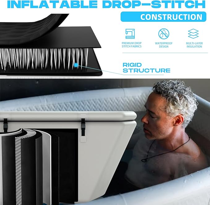 Inflatable Ice Bath Tub for Athletes - Slanted-Edge Cold Plunge Tub Compatible Water Chiller, Insulated Lid, EVA Groundsheet, Backpack, 155 Gallon, 61" L x 31.5" W x 24.8" H