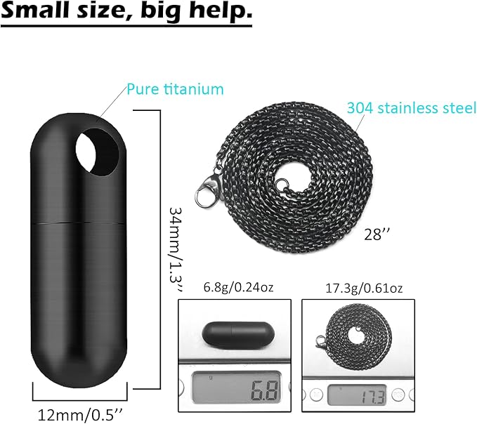 Small Pill Box Necklace Black Titanium Mini Pill Case with Necklace Chain Tiny Pill Case for Men Waterproof Pill Holder Emergency Aspirin & Nitro Pill Container Stocking Stuffers Christmas Gifts