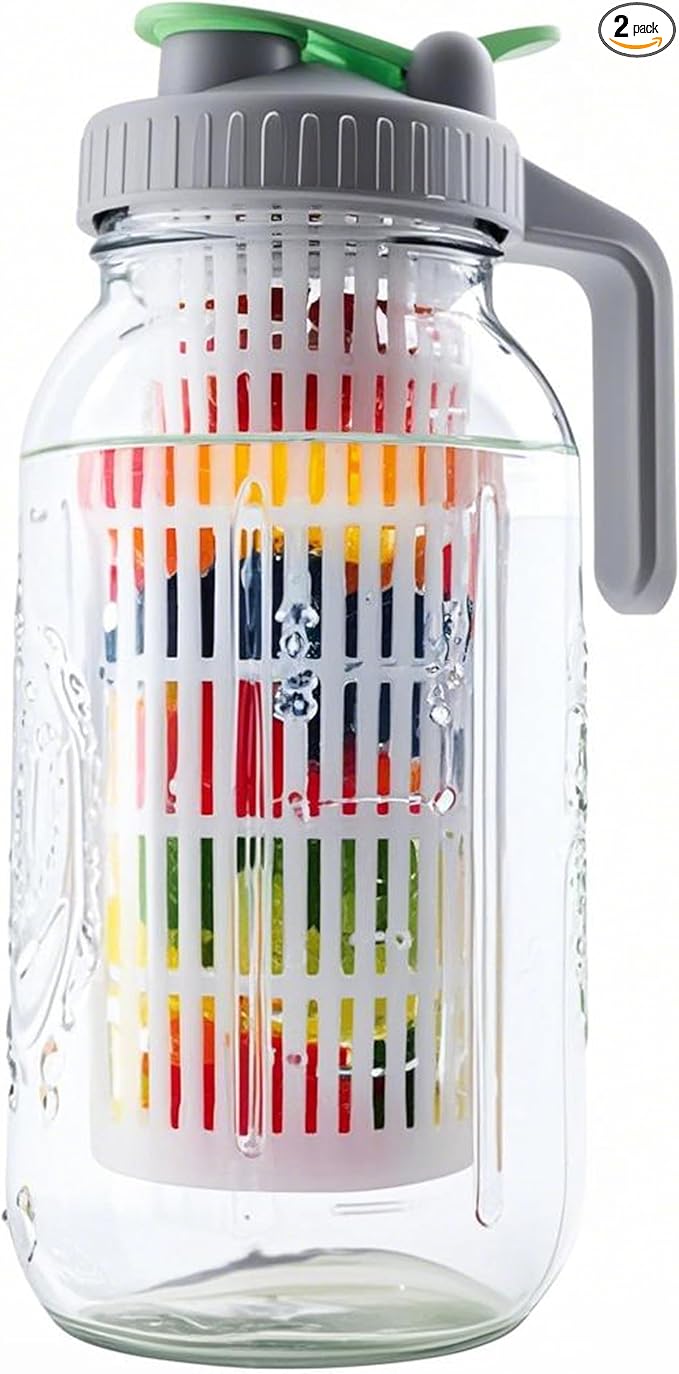 GMCOZY 2 Quart Glass Mason Jar Water Pitcher With Fruit Infuser 64 Oz Wide Mouth Infused Cold Hot Water Jug Carafe With Lid Half Gallon For Coffee Sun Tea Lemonade Juice Homemade Drinks Container