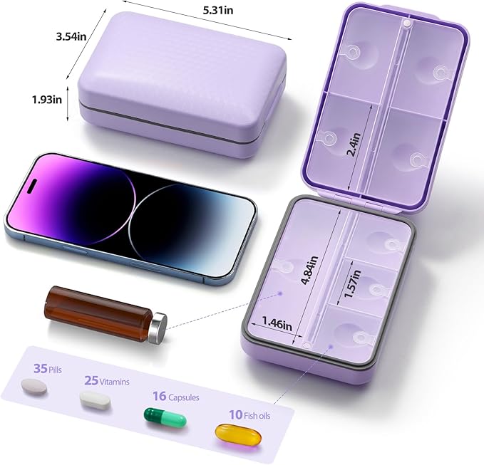 Travel Pill Organizer with Blank Labels, Weekly Pill Box, 8 Large Compartments Medicine Organizer, Moisture-Proof Pill Case for Vitamin, Medicine, Fish Oil/Supplements,