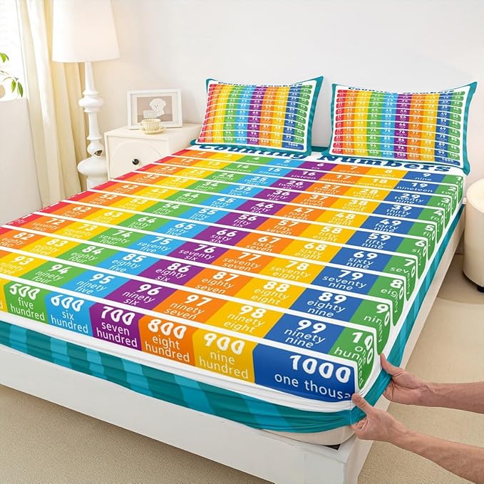 Feelyou Kids Educational Fitted Sheet Full Size, Counting Numbers Bedding Set Math Learning Bed Sheet Set Boys Girls Preschool Teens Bedroom Decor 3Pcs (No TOP Sheet)