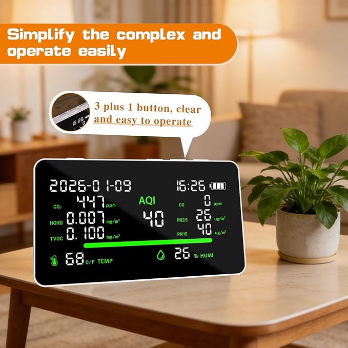 Air Quality Monitor, CO2 Detector with Temperature and Humidity Display, AQI PM2.5 PM10 HCHO TVOC Sensor, LED Screen with Real-Time Data, Type-C Charging 24/7 Operation