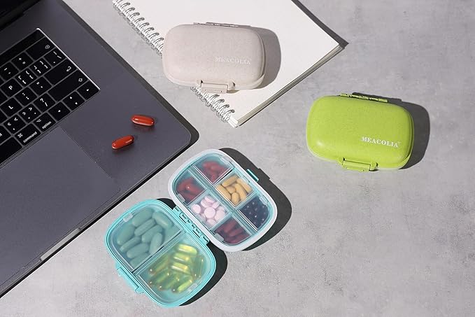MEACOLIA 3 Pack 8 Compartments Travel Pill Organizer, Daily Pill Case Small Pill Box for Pocket Purse, Portable Pill Container Medicine Vitamin Organizer (Blue, Green, Khaki)