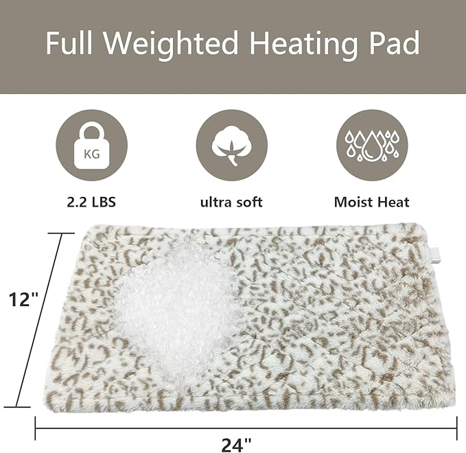 Full Weighted Heating Pad - Plush 2.3LB Hot Heated Pad for Back Pain Relieve, 12 Heating Levels, 8 Timer Settings, Holiday Gifts for Women Men Mom Dad (Leopard Print, 12''×24'' BB)