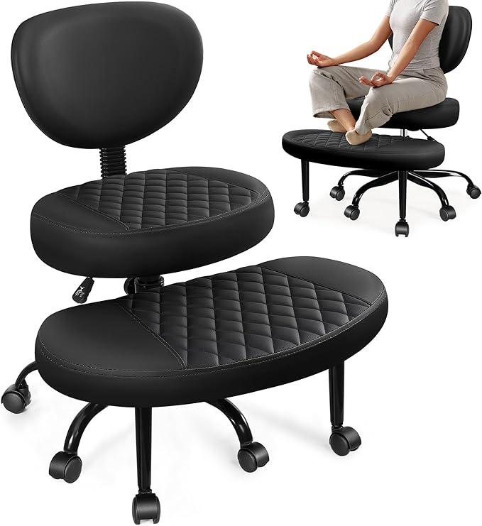 Ergonomic Cross Legged Office Chair with Wheels - Adjustable Height for Meditation, ADHD Desk & Yoga - Wide Criss Cross Design with Lumbar Support, Kneeling Chair - Upgraded Black