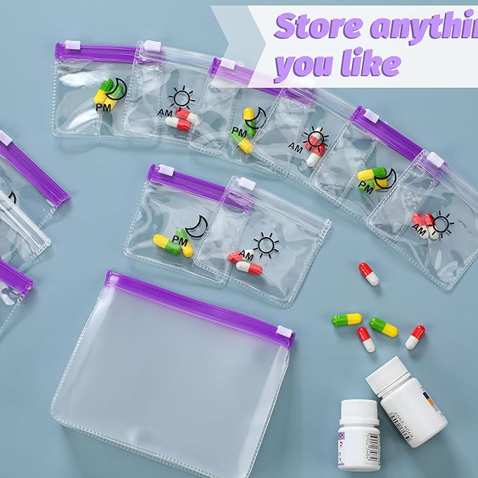 Colarr 14 Pcs AM PM Pill Pouches Bags Reusable Zippered Day and Night Pill Organizer with Slide Lock for Travel Medicine Case, 1 Large 14 Small(Clear, Purple)