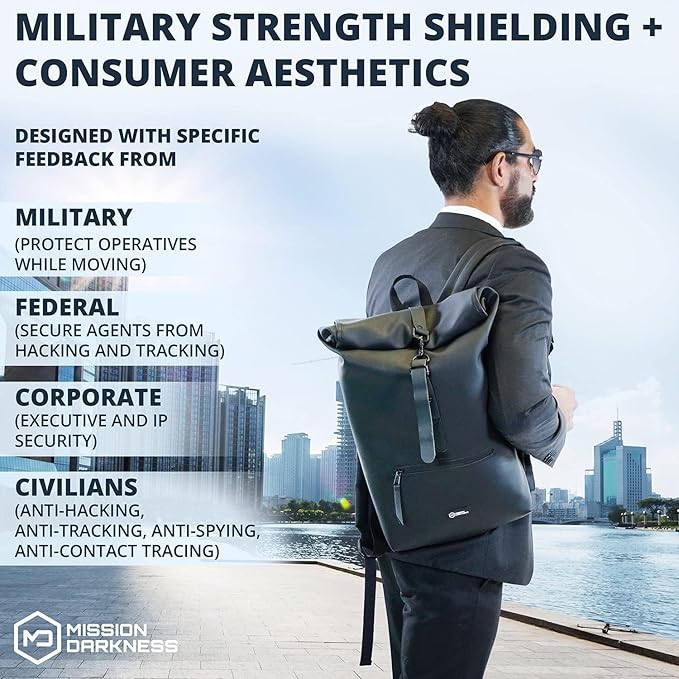 Mission Darkness FreeRoam Faraday Backpack // Stylish Bag with Durable Water-resistant Exterior, RF Blocking Liner, Padded Laptop Compartment, Device Isolation, Anti-tracking, EMF Shielding