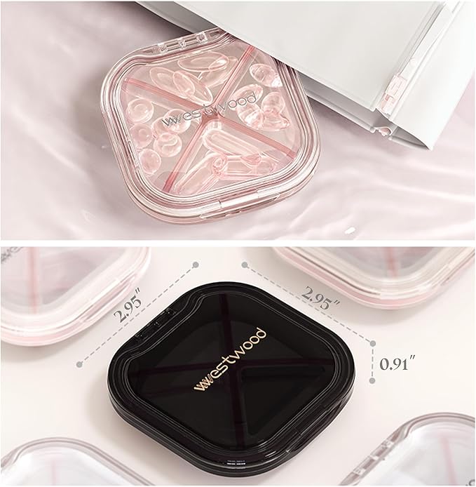 4-Compartment Pill Organizer, Small Purple Portable Pill Case for Daily Vitamins, Supplements & Medication, Travel-Friendly Compact Design, Stylish Cute Medicine Pill Box Pill Holder