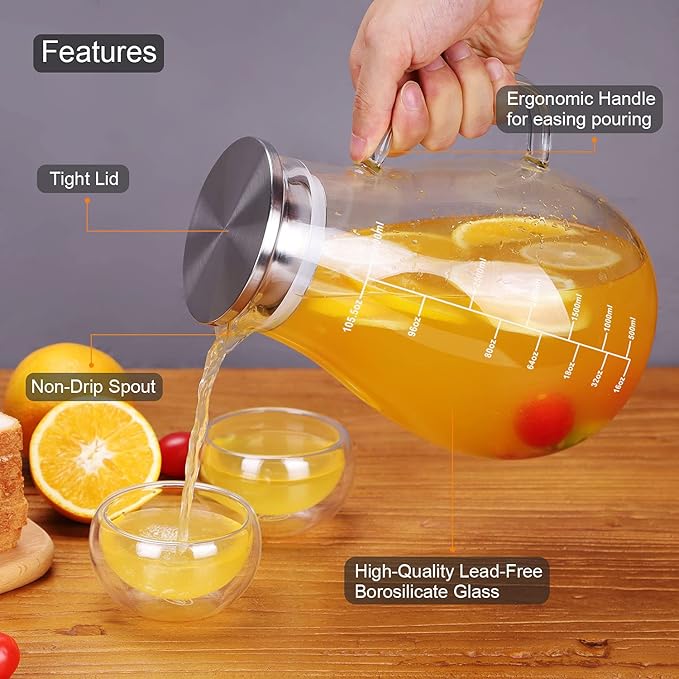 Glass Pitcher, Glass Water Pitcher with Tight Stainless Steel Lid, 105.5oz/3L Heat Resistant Borosilicate Glass Carafe, Temperature Safe