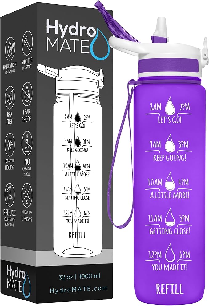 NatureWorks HydroMATE 32 oz Water Bottle with Time Markings Hourly BPA Free Reusable Leak Proof with Straw and Carrying Strap 1 Liter