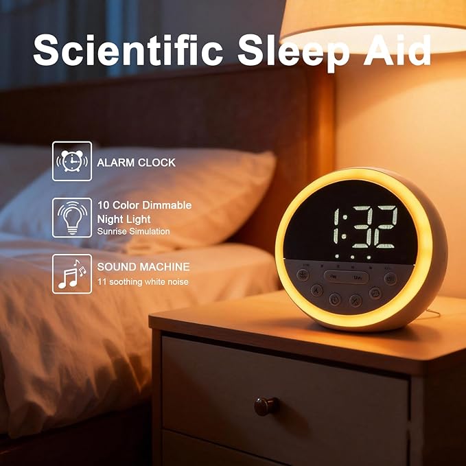 Sunrise Alarm Clock and Sound Machine Nightlight Adjustable Brightness, Rechargeable Wake Up Light Digital, Sleep Timer, Sleep Sounds, White Noise for Baby Kids Adults, Nature Soft Light for Bedroom