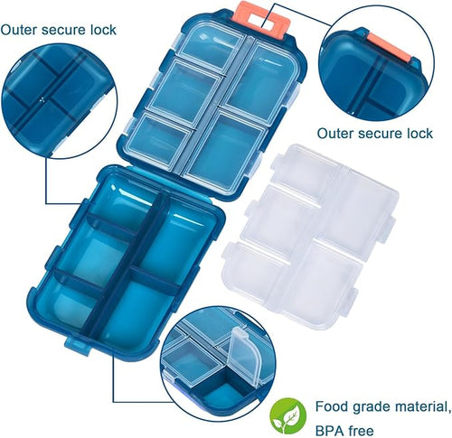 1 Pack 10 GRIDS Travel Pill Organizer Box with 189 Labels - Travel Medicine Case Kit - Pocket Daily Pharmacy Container - Travel Medication Holder Dispenser for Fish Oil Vitamin Supplement Storage