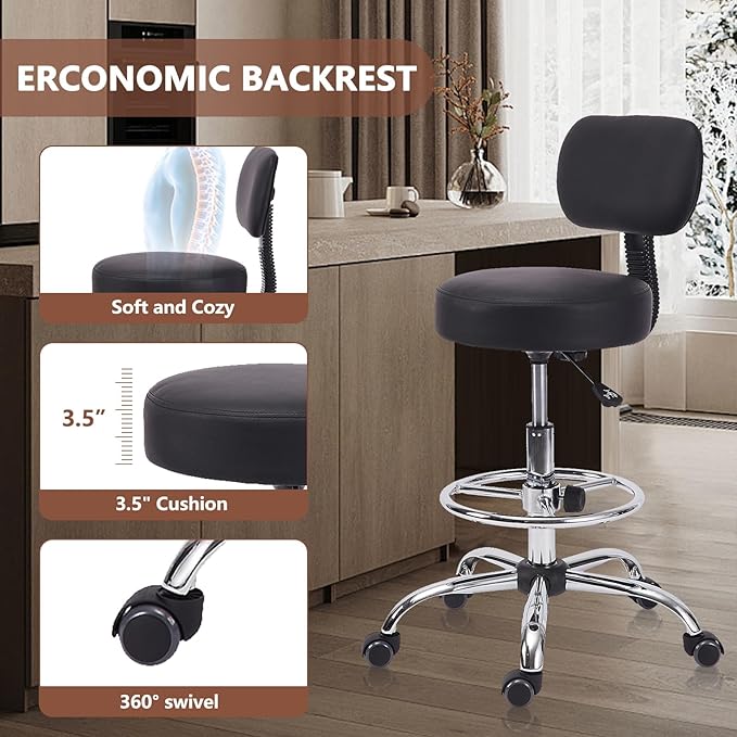 Drafting Stool Chair with Ergonomic Backrest & Footrest, Padded Leather Seat Adjustable Height 360° Swivel Rolling Stools, Tall Office Chair for Standing Desk, Counter, Medical, Black, 4 Pack