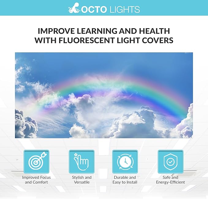 OCTO LIGHTS Fluorescent Light Covers Rainbow Cloud Sky Panel for Ceiling Lights, Light Covers for Ceiling Lights Classroom 2x4 (22.38"x46.5") Backlit Film Insert for Fluorescent Fixtures (Pack of 1)