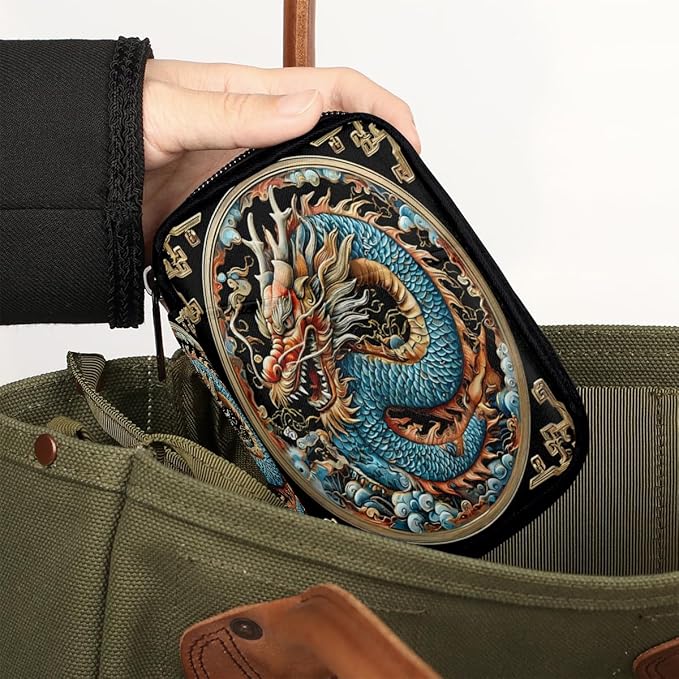Weekly Travel Pill Organizer Case for Purse with Removable 7 Day Box Portable Compact Size Pill Box Fashionable Pill Container for Medicine Vitamin Supplement Dragon Ethnic