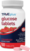 TRUEplus Glucose Tablets, Chewable, Strawberry Flavor, 15g Fast-Acting Carbohydrates, Fat Free, Gluten Free, Raise Low Blood Sugar and Boost Energy, 50 Count