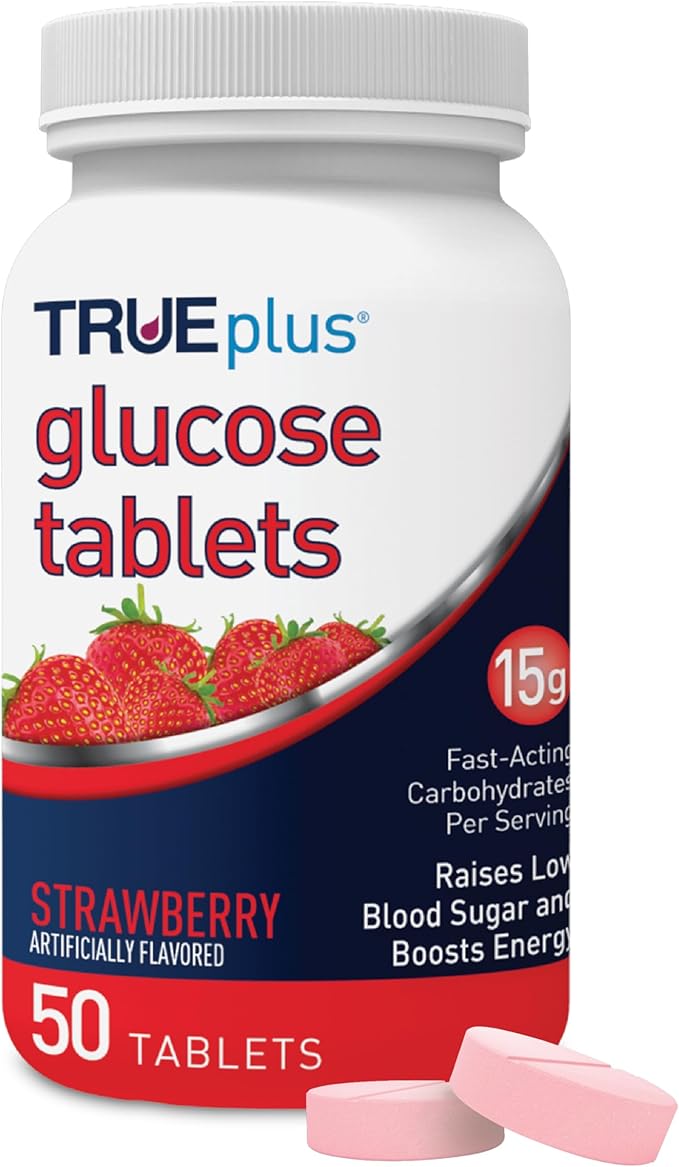 TRUEplus Glucose Tablets, Chewable, Strawberry Flavor, 15g Fast-Acting Carbohydrates, Fat Free, Gluten Free, Raise Low Blood Sugar and Boost Energy, 50 Count
