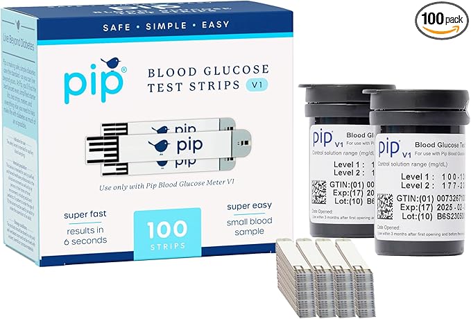 Pip V1 Blood Glucose Test Strips – 100 Count – Compatible Exclusively with Pip V1 Glucose Monitor – Accurate Blood Sugar Testing – Essential Diabetic Testing Supplies