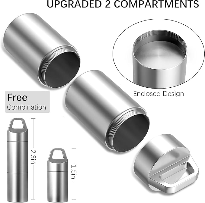 Small Pill Holder Keychain(2 Compartments Design), Portable Metal Pill Case Waterproof Pill Box Container Mini Stainless Steel Pill Organizer for Travel Purse Pocket