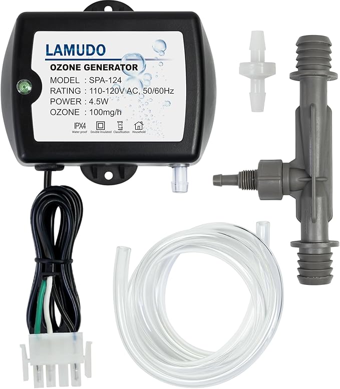 Ozone Generator for Hot Tubs, SPA Ozonator with Injector Venturi for Cold Plunge and Swim Spas, Portable Mini Ozone Generator with Check Valve and Tubes(AMP-4 Plug)
