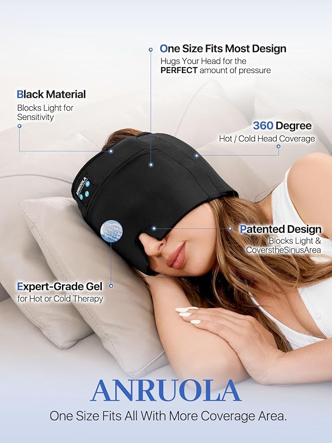 Wireless Migraine Relief Cap with Bluetooth Headphones, Sleep Headphones Ice Pack, Headache Relief Cap, Soothing Headache Ice Pack Sleep Mask, Face Cold Compress Head Wrap for Tension, Stress & Sleep