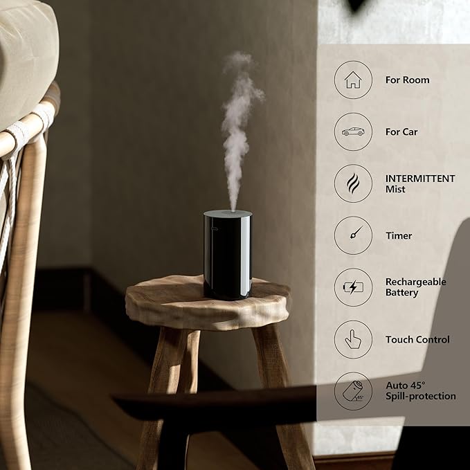 Airversa Waterless Essential Oil Diffuser Starter Kit with 4 x 10mL Hotel Scent Fragrance Oil, Battery Operated Mini Scent Air Machine Portable Diffuser for Home Car Office, AN8 Kit Black