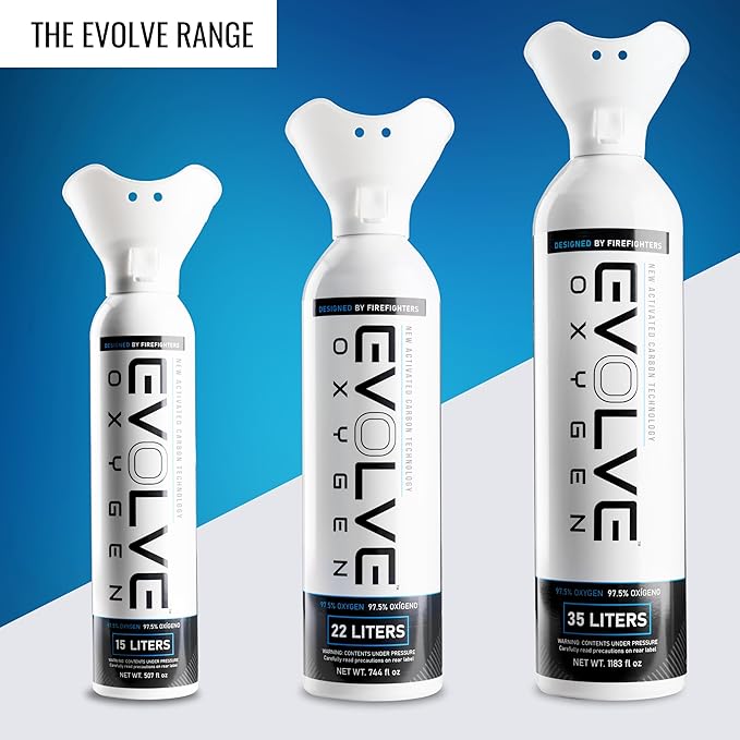 EVOLVE 22-Liter Pure Oxygen Canister with Breathing Cup | Portable Oxygen Can | Ideal for Home Use and Outdoor Activities | Designed by Firefighters | Made in The USA | Pack of 3