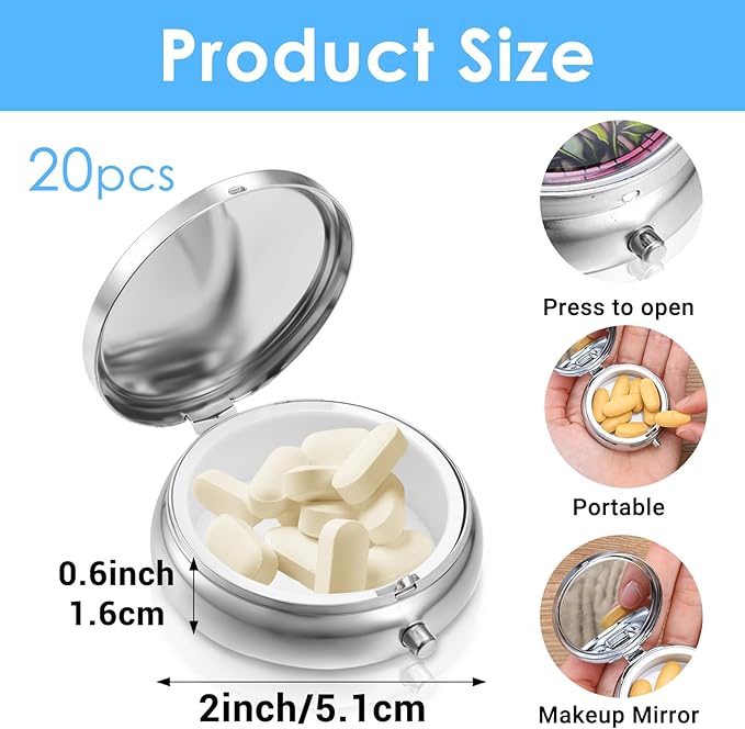 Molain 20Pcs Pill Organizer, Pill Box with Mirror, Portable Small Pill Case for Purse or Pocket, Cute Metal Pill Holder for Travel, Vitamins, Medication, Supplements