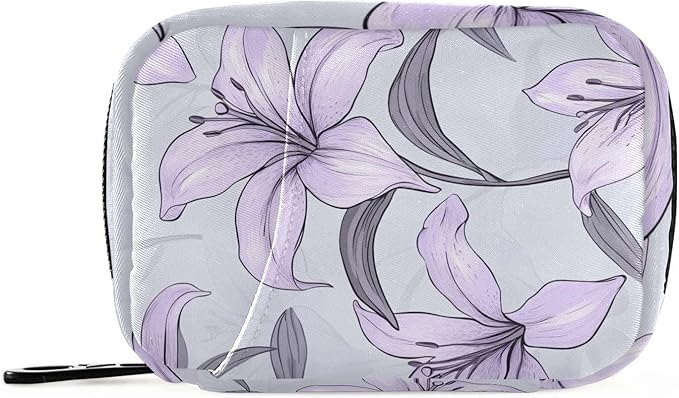 Purple Lilac Lily Travel Pill Organizer Case Box Container Weekly Portable Vitamin Medicine Holder Storage Bag with Zipper Removable