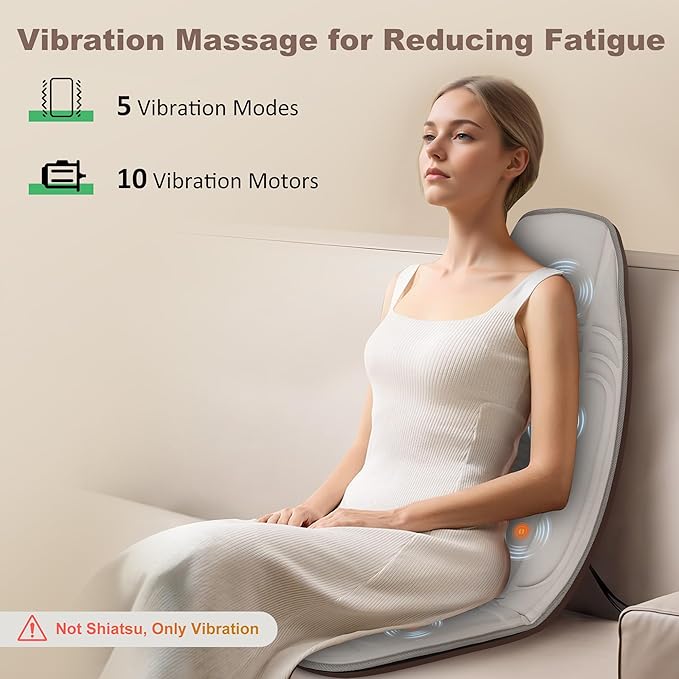 Vibration Back Massager with Heat, Massage Chair Pad with 10 Vibration Motors & 2 Heating Levels, Chair Massager for Recliner, Sofa, Beige