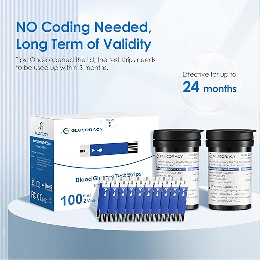 Blood Glucose Test Strips Set, 200 Test Strips & 200 Blood Lancets, Only Work with Glucoracy G-425-2/G-425 Blood Sugar Monitor, Self Diabetes Blood Glucose Home Monitoring, No Coding Required
