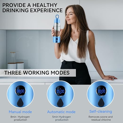 Hydrogen Water Bottle with Three Modes Produces 5000 PPB of Hydrogen Water in 8 Minutes,Made of Aluminium and Glass,with Colorful Light,Rechargeable for Travelling,Office,Home