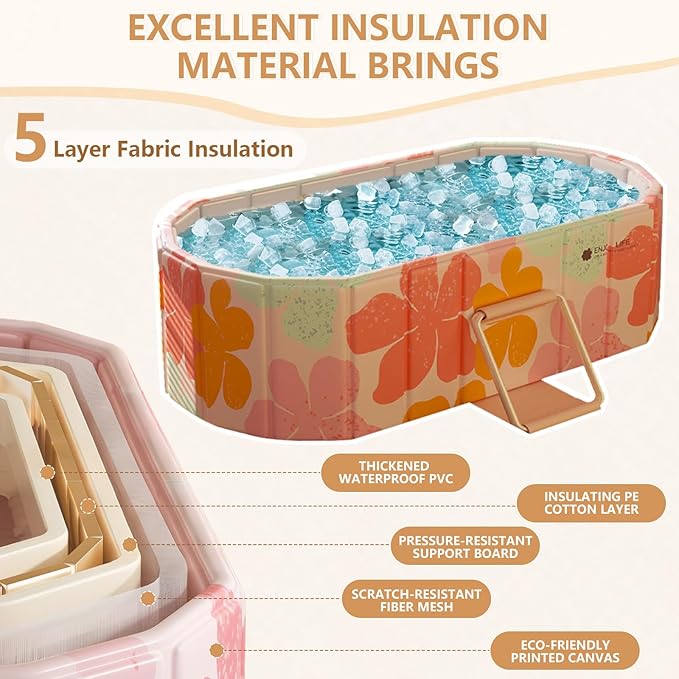 Gets 59" XXL Oval Ice Bath Tub For Athletes,Portable Bathtub for Adults Foldable Soaking Standing Hot Bath Tub for Shower Stall,Separate Family Bathroom SPA (Pink,59"×22"×19")