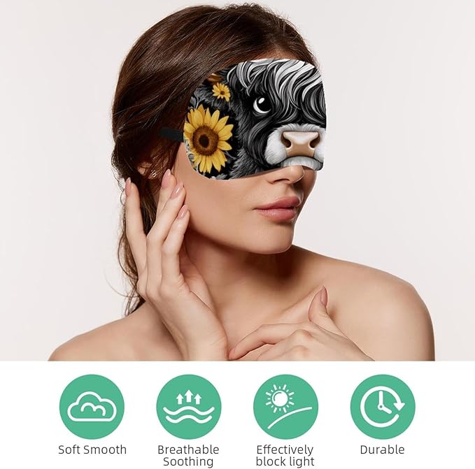 2 Pack Sleep Eye Mask for Women Men, Soft Breathable Eye Cove No Pressure Blackout Night Blindfold for Sleeping Light Blocking with Adjustable Strap, Sunflowers Highland Cow