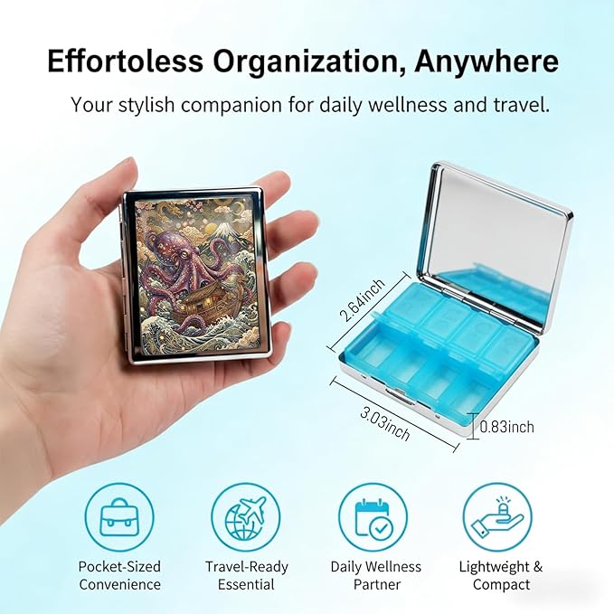 Metal 7 Day Pill Organizer, Weekly Pill Case 8 Compartments, Travel Pill Box for Purse & Pocket, Small Medicine & Vitamin Organizer, PP Dividers, Secure Clasp (Octopus)