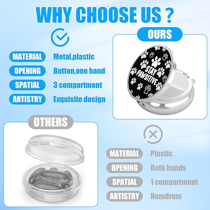 Paw Pill Case, Stay Pawsitive Pill Box 3 Compartments Metal Small Pill Holder with Mirror Mini Travel Pill Container for Purse Pocket Women Men