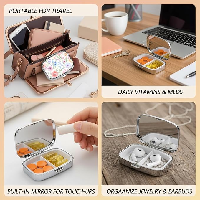 Square Pill Case Small Pill Box with Mirror Pocket 2 Compartment Vitamin Pill Medicine Case Organizer Pill Containers for Traveling Oil-Painted Wildflowers One