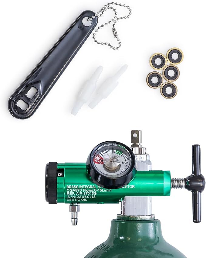 AireMed Oxygen Regulator 0-15LPM, CGA-870 Gauge Flow Rate – Includes Wrench Key, 5 Brass Yoke Washer Seals, and 2 Oxygen Tubing Swivel Connectors - Ergonomic Handle Design – Green