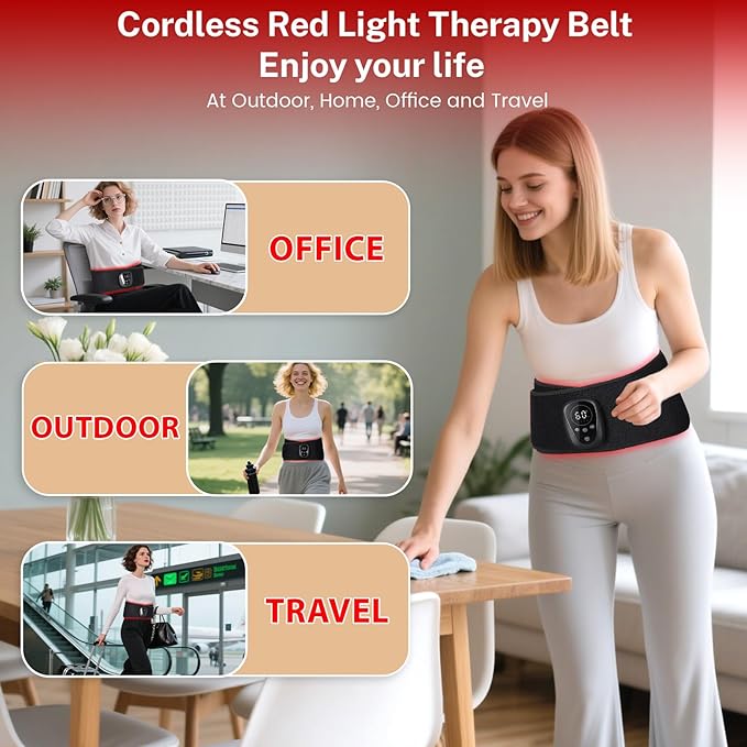 Red Light Therapy Belt for Body - Cordless 660nm&850nm Infrared Light Therapy Device with Vibration Pulse Timer, Heating Pad Wrap for Back Shoulder Waist Muscle Pain Relief at Home Office Travel