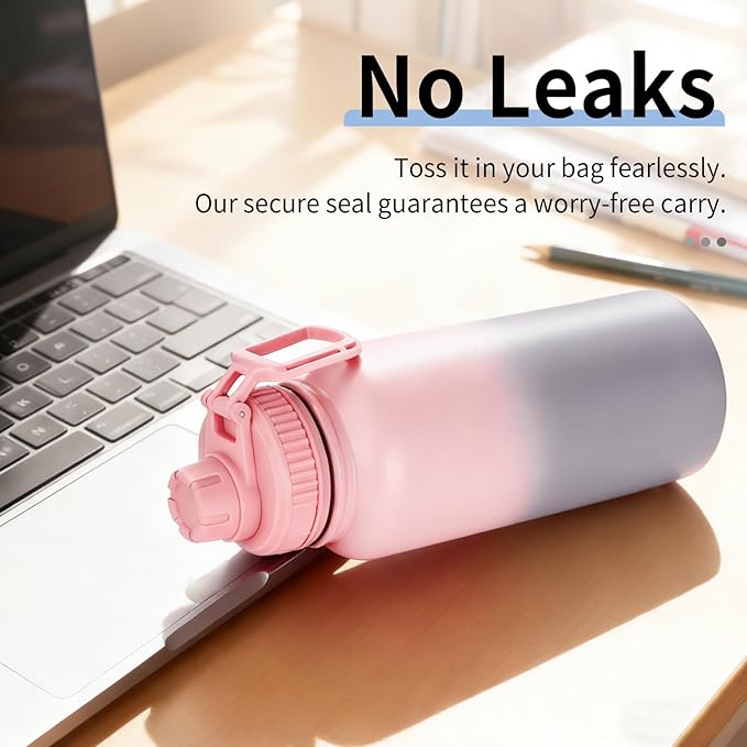 Water Bottle 32oz - Leakproof & BPA Free Sports Water Bottle Carry Strap for Gym, Travel and Outdoor Sports (Stainless steel insulation-Pink)