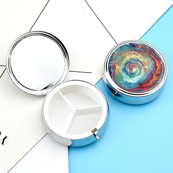 Colorful Abstract Swirls Pill Box Travel Pill Case for Purse Pocket Weekly Medicine Organizer with Mirror 3 Compartment Round Medicine Case Portable PillcaseHolder for Daily