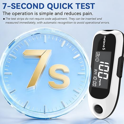 Metene S Blood Glucose Monitor Kit, Blood Sugar Testing Kit With 50 Test Strips & 50 Lancets & Control Solution, No Coding 0.7μl Blood, 7s Fast Reading, 150 Data Storage, Diabetes Testing Kit