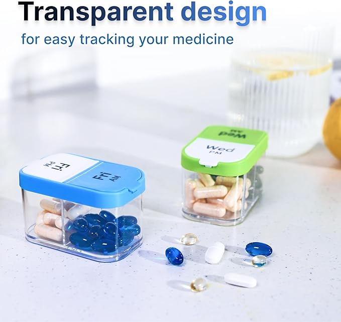 Extra Large Weekly Pill Organizer Set - 2 XL Vitamin Holders with 7 Detachable AM PM Compartments - Reliable Medicine Dispenser for Home and Travel, Big Supplement Container, Rainbow & Green/White
